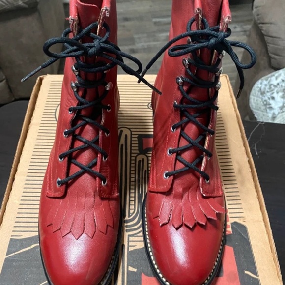 Laredo Shoes - Laredo Red Lace-Up Fringe Combat Boots